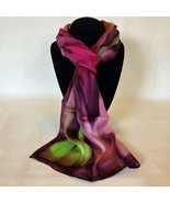 Hand Painted Silk Scarf Bubblegum Hot Pink Lime Green Plum Unique Neck W... - €48,63 EUR