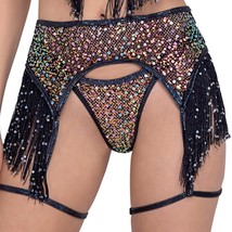 Sequin Fishnet Garter Belt Fringe Hips Iridescent Straps Dance Rave Blac... - $40.49