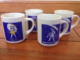 Set of 4 Morton Salt Umbrella Girl Vintage Logos Blue White Ceramic Coff... - $39.99