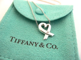 Tiffany &amp; Co Silver Diamond Loving Heart Necklace Pendant Gift Pouch Love - £218.60 GBP