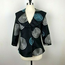 Bleu Bayou Womens Blazer Jacket Small Blue/White Embroider Circles 3/4 S... - $19.75