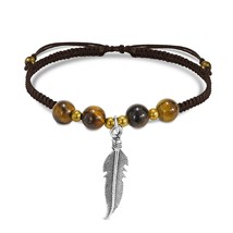 Vintage Tiger&#39;s Eye Stone and Feather Silver on Brown Adjustable Bracelet - £11.93 GBP