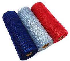 Football Themed 10&quot; Metallic Deco Mesh Rolls (Red, Silver, Navy Blue) - £21.82 GBP