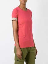 new BURBERRY Women&#39;s Short Sleeve Check Cuff Stretch Cotton Tee in Bright Rose - $120.00