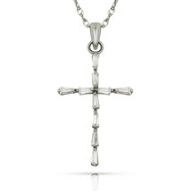 0.26ct Simulated Diamond Baguette Cross Pendant 14K White Gold W/ Chain Necklace - £71.20 GBP