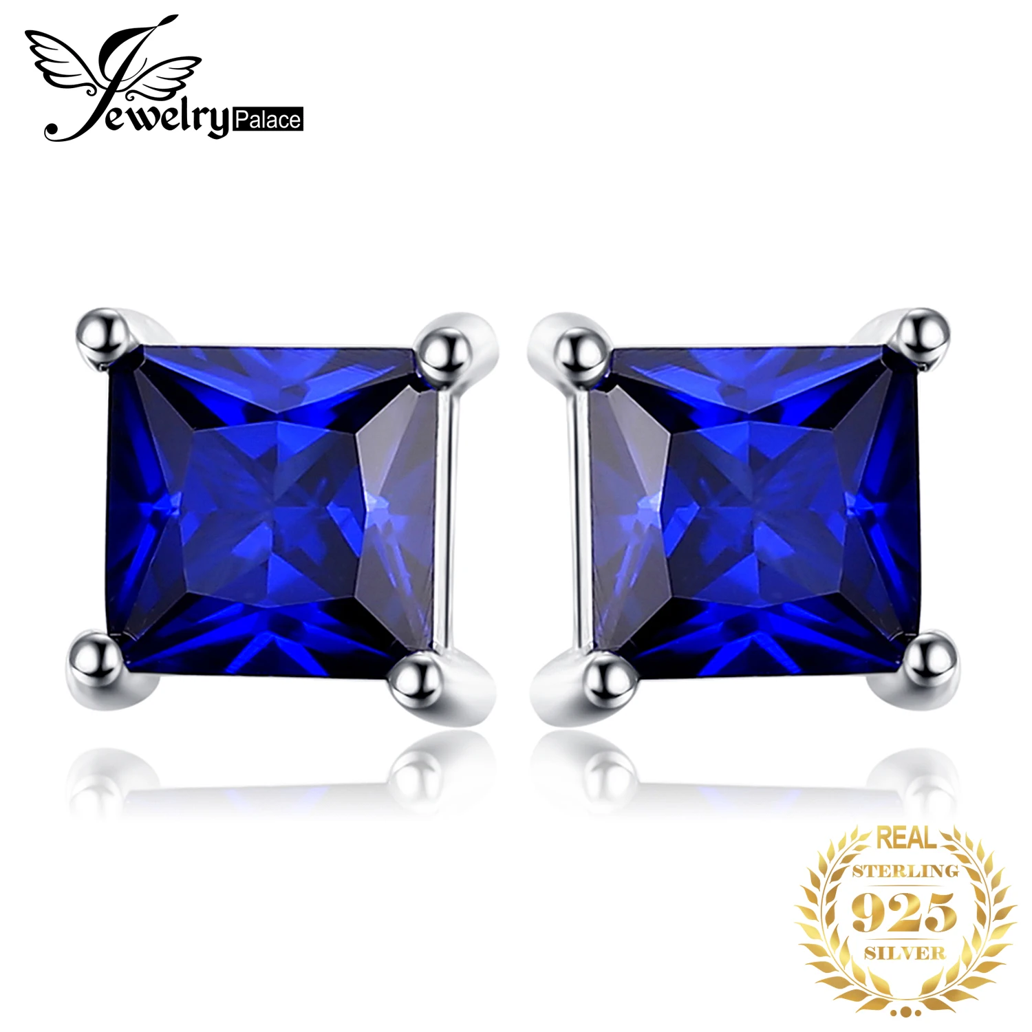 Square Princess Cut Blue Created Sapphire 925 Sterling Silver Stud Earrings for  - $22.74