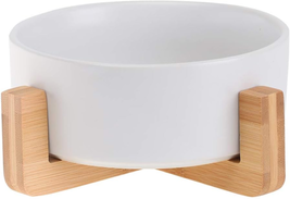 White Ceramic Cat Dog Bowl Dish with Wood Stand No Spill Pet Food Water Feeder C - £25.52 GBP