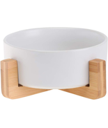 White Ceramic Cat Dog Bowl Dish with Wood Stand No Spill Pet Food Water ... - £25.58 GBP