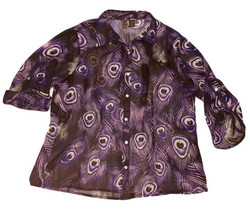 2X  Purple Peacock Feather Print Sere Nade New York Woman Sheer BlouseSexy GUC - £17.63 GBP