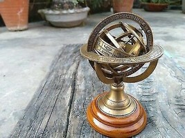 Armillary Brass Desktop Globe Sphere Wooden Base Table Top Paper Weight - £35.72 GBP