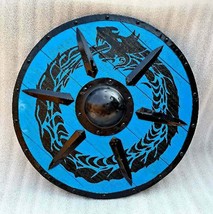 Medieval Knight Viking shield full size Handcrafted Dragon blue wooden s... - £126.94 GBP
