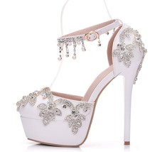 Summer Sandals White Round Toe Bridal Wedding Women High Heels Dress Shoes Rhine - £83.10 GBP