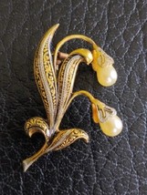 Vintage Damascene Faux Pearls Lily Of The Walley Flower Brooch Pin - $15.83