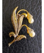 Vintage Damascene Faux Pearls Lily Of The Walley Flower Brooch Pin - $21.64 CAD