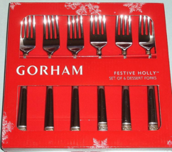 Gorham Festive Holly 6 Piece Dessert Cocktail Forks Stainless Gold Bande... - $24.65