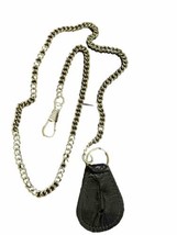 Pocket Watch Chain Vintage 1970’s Chrome Link &amp; Leather Button Fob - £9.83 GBP