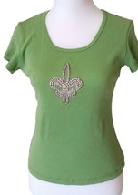 Marabou Top Shirt Size Large Green Rhinestone Beaded Fleur De Lis Juniors - £7.90 GBP