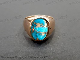 Natural Blue Coper Turquoise Oval Gemstone Handmade Sterling Silver Men Ring  - £51.40 GBP