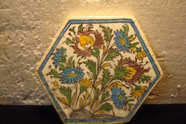 OLD HAND  PAINTED AND GLAZED LARGE HEXAGON TILE FLOWERS - $22.50