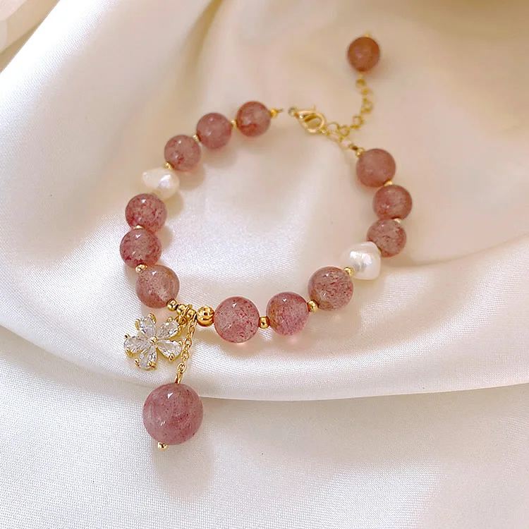 Natural Freshwater Pearls Pink Strawberry Crystal Bracelet Flower Zircon Trendy  - $22.35