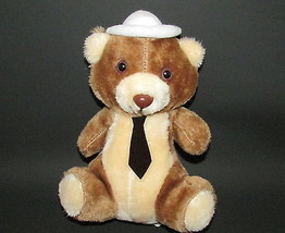 B.j. toy company vintage plush teddy bear white hat tie brown cream Korea - £5.44 GBP