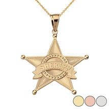 14k Solid Gold Star Sheriff Badge Public Safety Textured Pendant Necklace - £272.72 GBP+