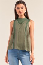 Forest Green Sleeveless Crochet Embroidered Hem Pleated Babydoll Top S - £11.91 GBP+