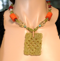 Vintage Serpentine Infinity Knot Pendant Necklace w Coral Peridot &amp; Turq... - £59.55 GBP