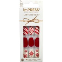 NEW Kiss Nails Impress Press Manicure Medium Coffin Red Christmas Candy Snow 1 - £13.49 GBP