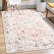 Persian Indoor Mat Soft Low-Pile Floral 3&#39; X 5&#39; Machine Washable Area Rugs Pink - £43.91 GBP