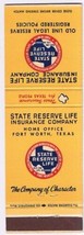 Matchbook Cover State Reserve Life Insurance Company Texas - £2.19 GBP