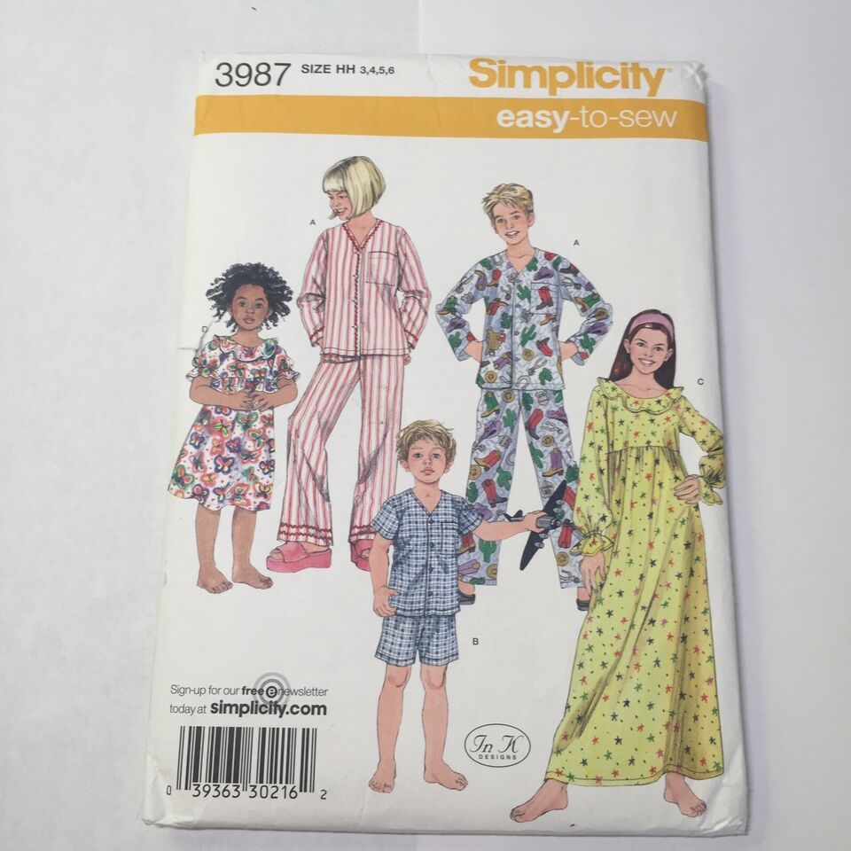 Simplicity 3987 Size 3-6 Child's Boys' Girls' Pajamas and Nightgown in 2 Lengths - $12.86