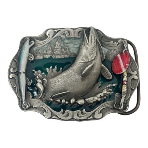 Primary image for Fishing Belt Buckle Fish Pike Enamel Lake Pine Forest Rustic C&J Lure Vintage