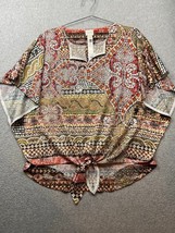 Chico’s Kimono Satin Shirt Womens Mosaic Tie-Front Top Size S 0 Lightweight New - £22.65 GBP