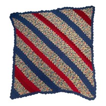 Handmade Crochet Striped Blanket Red Blue Tight Knit VTG Baby Chair Throw 34&quot; - $32.71