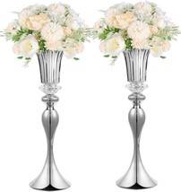 Set Of 2 Flower Centerpiece Table Decorations Gold Trumpet Vases With Crystal - £42.35 GBP