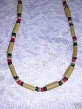 New Tan Bamboo Look Tube Beads W Red &amp; Green Wooden Coco Beads Necklace - £4.74 GBP