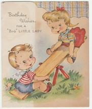 Vintage Birthday Card Children on Seesaw DA For a Big Little Lady 1950&#39;s - $7.91