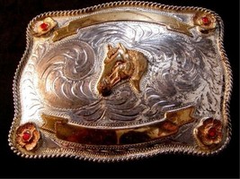 Vintage Silver &amp; Gold Tone &amp; Red Rodeo Cowboy Belt Buckle With Horse - £150.92 GBP