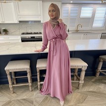 Ramadan Satin Long Dress Abaya Fashion Women  Neckline Belted Muslim Hijab Robe  - £146.48 GBP