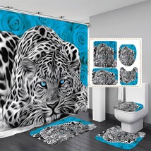 4PCS Teal Rose and Leopard Shower Curtain Set with Rugs Toilet Lid Cover and Bat - $55.91