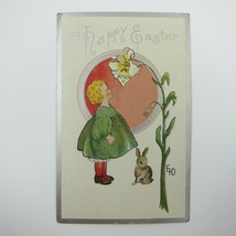 Easter Postcard Girl Rabbit Anthropomorphic Flower Silver Embossed Antique 1910 - £7.84 GBP