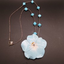 Vintage Karla Jordan Signed Blue Bead and Leather Flower Necklace For Repair - £10.03 GBP