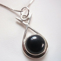 Small Round Black Onyx in Hoop 925 Sterling Silver Necklace - £11.11 GBP