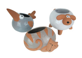 Set of 3 Ceramic Planters Glazed Hand Painted Taupe Cat Grey Bird White ... - £21.83 GBP