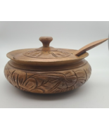 Wooden Serving Bowl Hand Carved- Lid Mother Of Pearl Like Inlay 11” See ... - $25.00