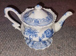 Burton &amp; Burton Blue Fish Toile Teapot Tea Pot Ceramic Homestead Scene C... - $44.99