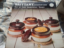 Vintage Brittany Stoneware four Ramekins/Soups with lids and rattan trivets - £29.71 GBP
