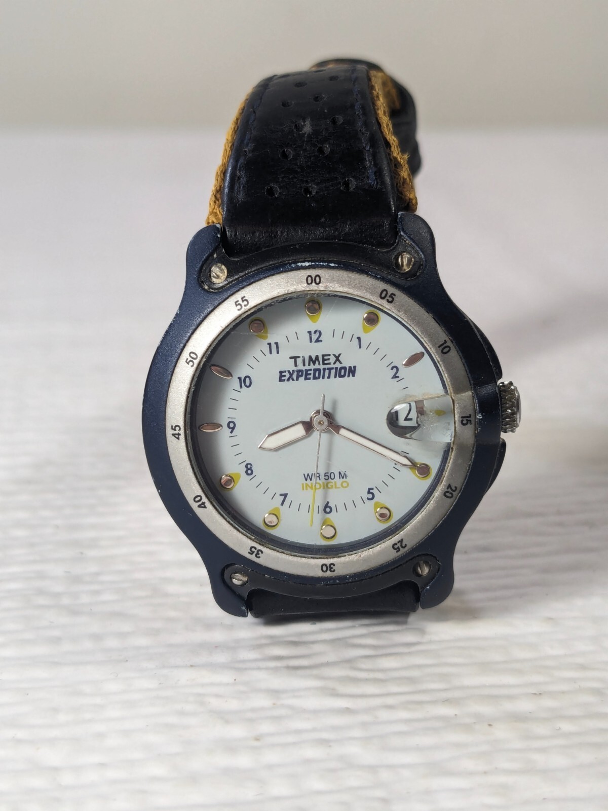 Timex Expedition Watch black Leather Band 50M w/ Date wristwatch white f... - $37.00