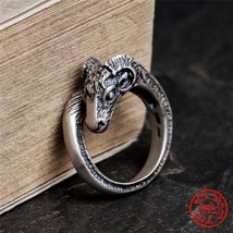 Intage black 925 sterling silver zodiac sheep head finger ring punk biker rings for men thumb200